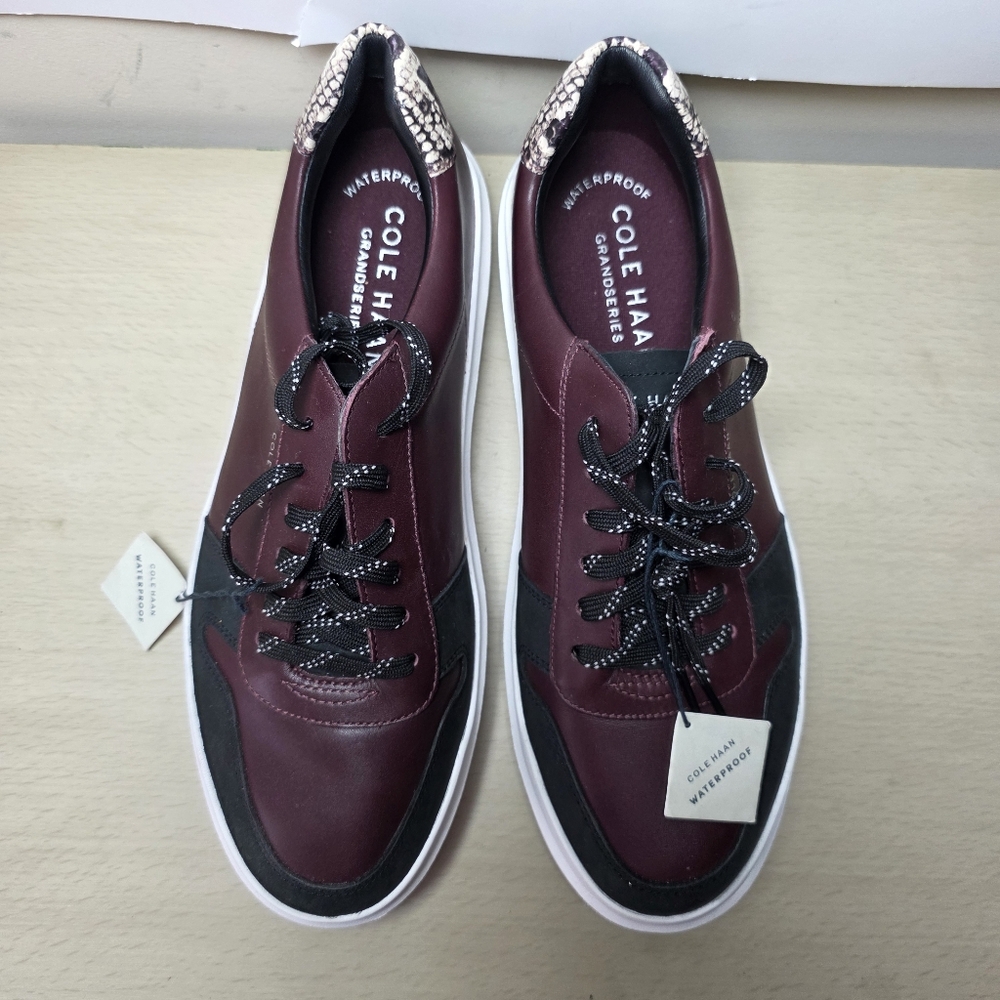 Cole Haan Burgundy Black Leather Sneakers Snake Animal Print Detail Women 10B - Picture 2 of 9